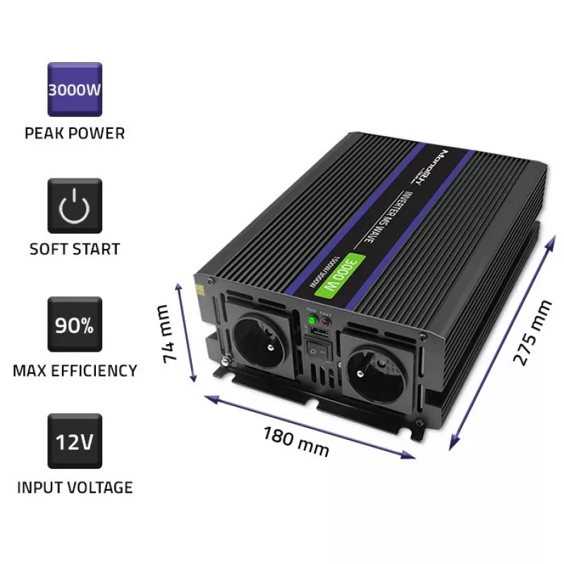 Power inverter QOLTEC Monolith 3000 MS Wave, 12V→230V, 1500/3000W, with USB