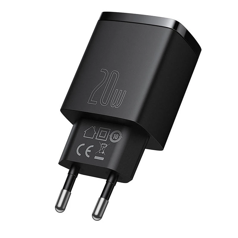 Indoor USB Fast Charger Baseus CCXJ-B01 — 2-port (USB-C PD 20W + USB-A QC3.0 18W), 100–240V, Black