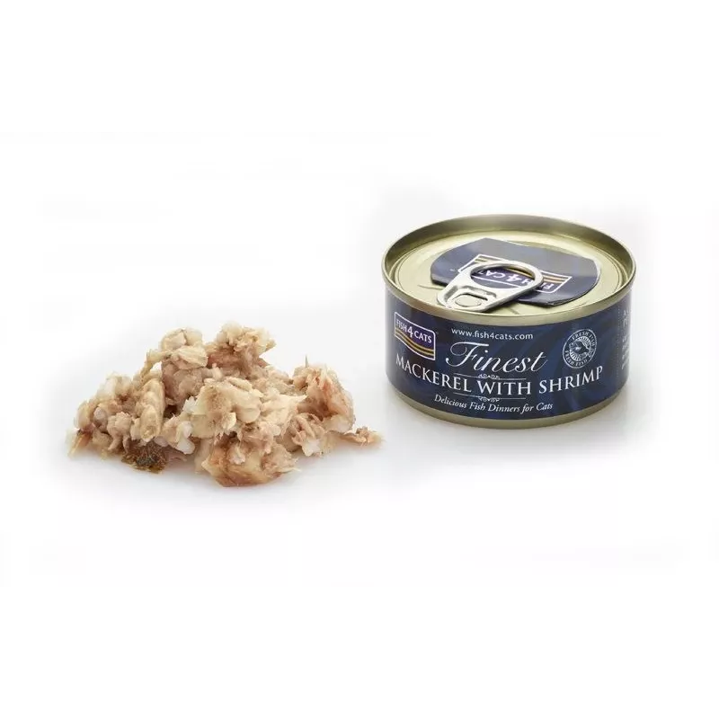 Wet cat food FISH4DOGS Mackerel with shrimp 70 g — adult, fish flavour, can, gluten‑free
