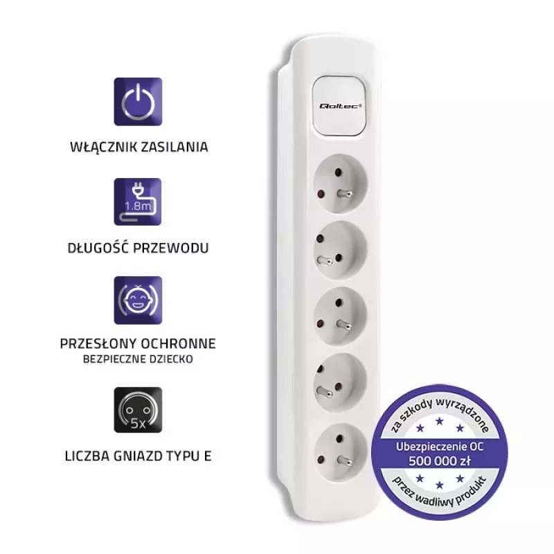 Power Extension Qoltec 50276 1.8m 5 AC Outlets Indoor White