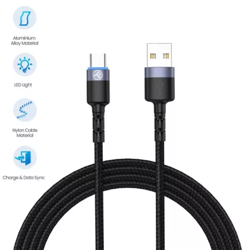 Data cable Tellur USB to Type-C LED nylon braided 1.2 m Black