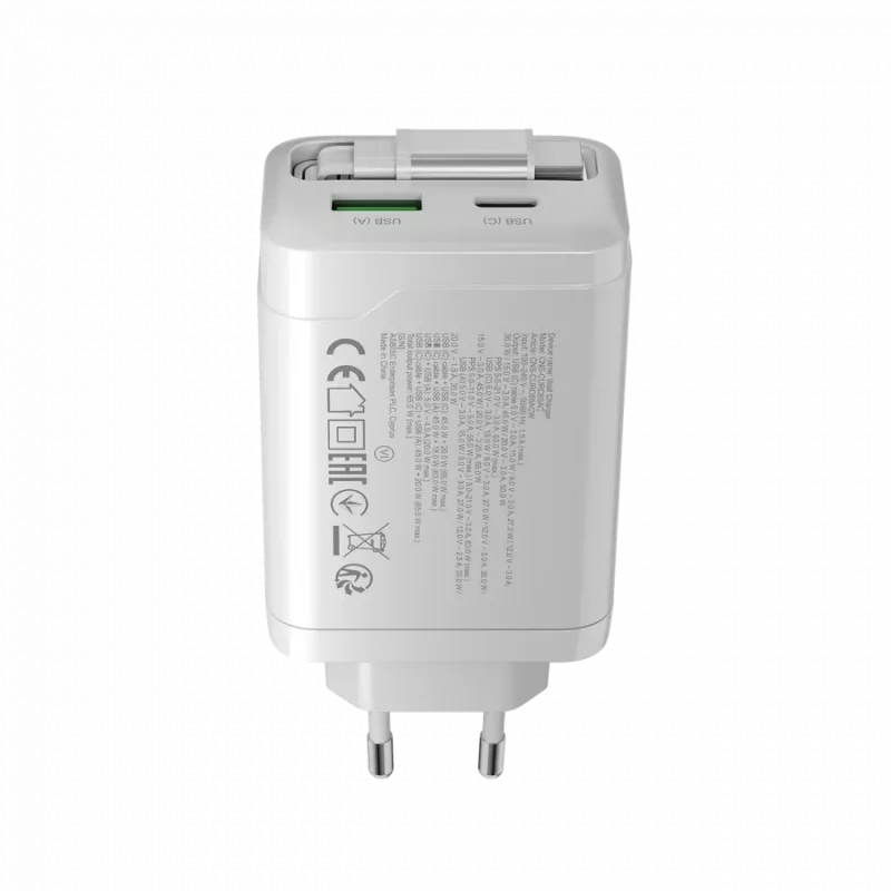 CANYON charger OnCharge 65RC with built-in USB-C cable 65W, 1x PD, 1x QC, EU plug, White