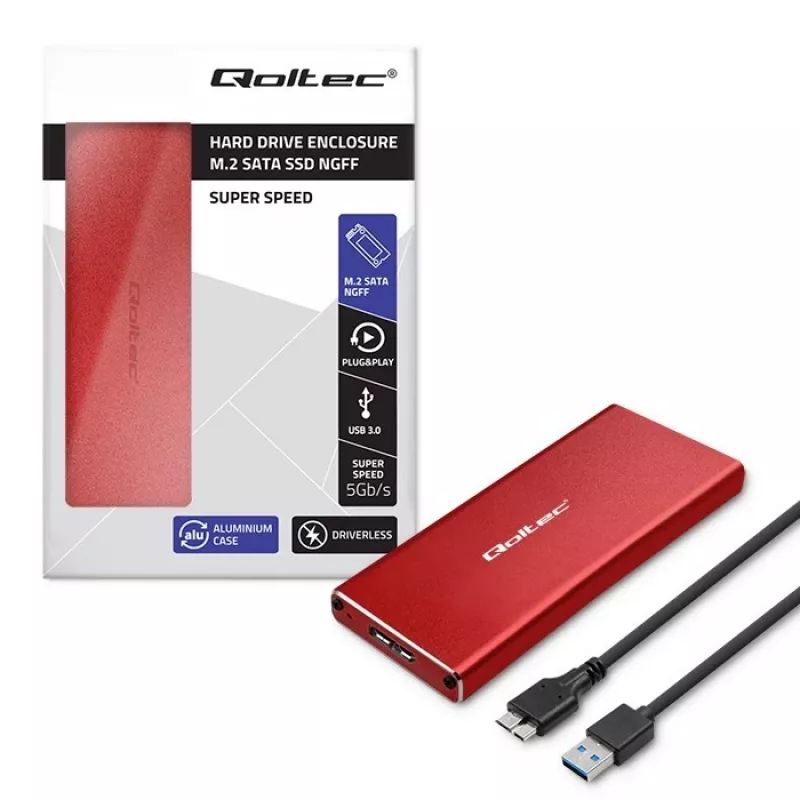 SSD enclosure QOLTEC 51831 USB 3.0 for M.2 SATA drives up to 2TB, red, supports 30 mm length, up to 4 drives