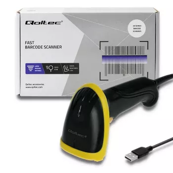 Handheld barcode reader QOLTEC 50867 — 1D/2D laser scanner, USB wired, 600 mm range, yellow/black
