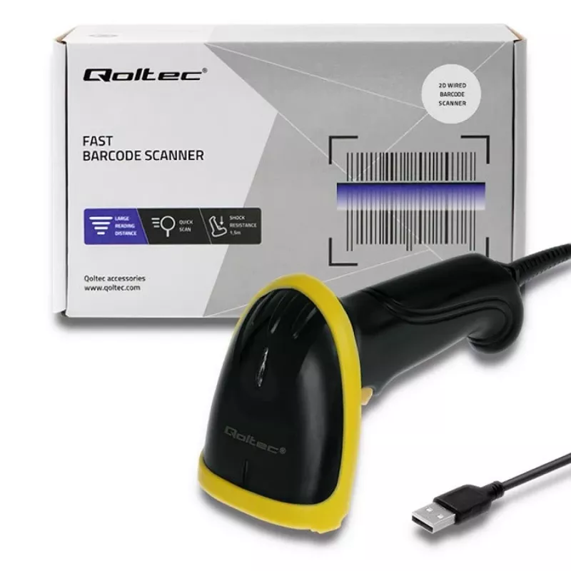 Handheld barcode reader QOLTEC 50867 — 1D/2D laser scanner, USB wired, 600 mm range, yellow/black