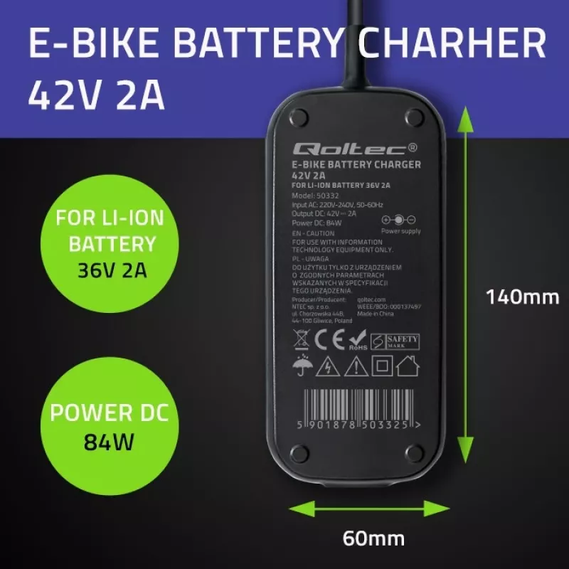 Ebike charger QOLTEC 50332 — 36V/42V output, 2A, 5.5×2.1 mm plug