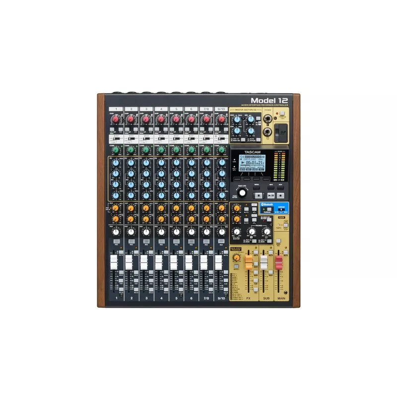 Mixer Tascam Model 12 — 12‑channel analog/digital mixer, 24‑bit, 48 kHz, USB‑C, SD card, Bluetooth 5.0