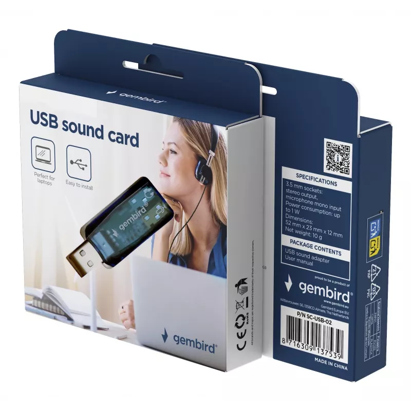 USB External Sound Card Gembird Virtus2 — USB interface, 3.5 mm headphone, blue transparent