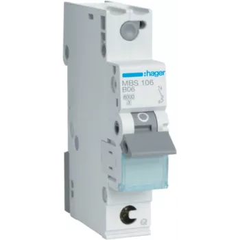 Hager MBS106. Rated Current: 6 A, AC Input Frequency: 50/60 Hz. Type: B-type, Module Quantity (max): 1 Module(e). Width: 17,5 mm, Depth: 70 mm, Height: 83,4 mm (MBS106)