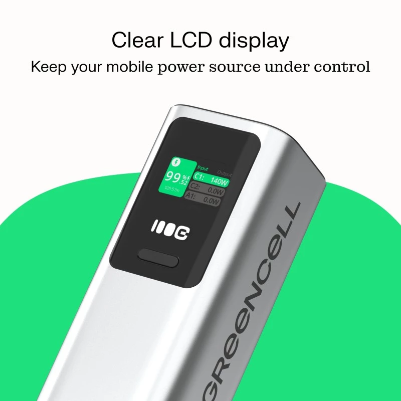 Portable battery Green Cell PBGC25UD, 25200 mAh, Li‑Ion, 140 W total, 2× USB‑C + 1× USB‑A, OLED display, aluminium housing