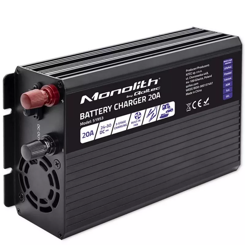 Qoltec Smart Monolith Battery Charger for LiFePO4 AGM GEL SLA batteries | 20A | 24V