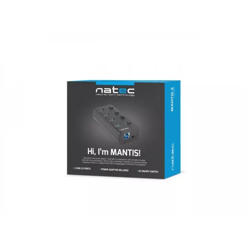 USB hub NATEC MANTIS USB 2.0 Type-B — 4x USB 3.2 Gen 1 Type-A ports, black, 0.8 m cable, AC adapter, power switch