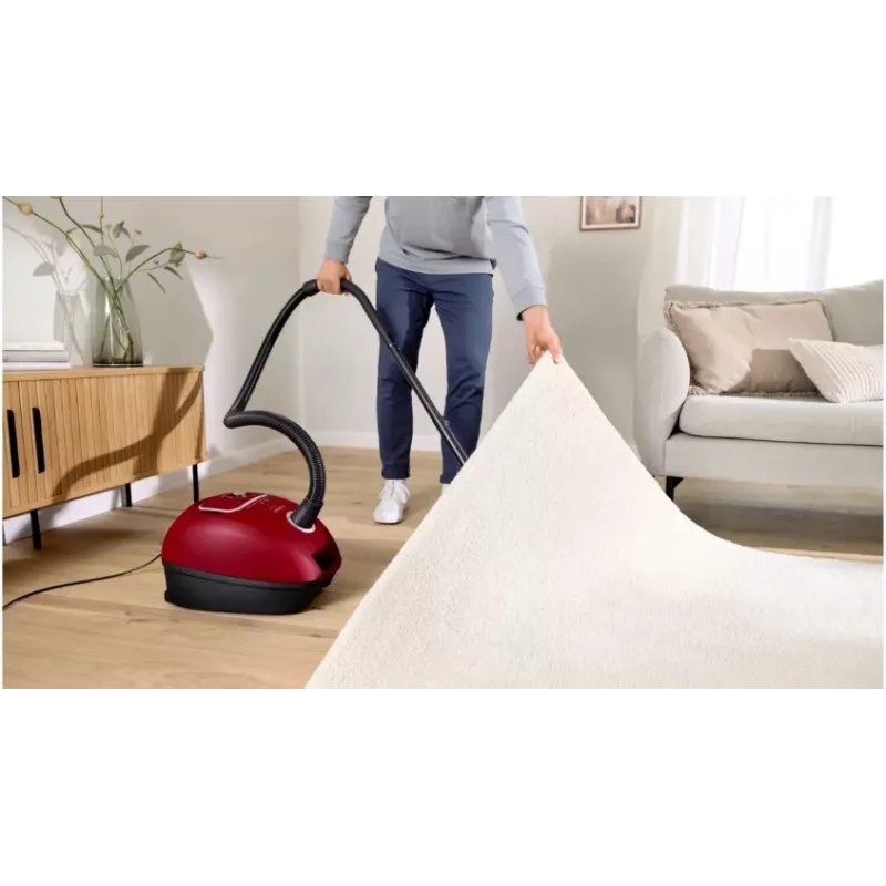 Vacuum cleaner Bosch BGB 41RD3H — 600 W, 4 L dust bag, HEPA filter, 11 m radius, telescopic tube, red
