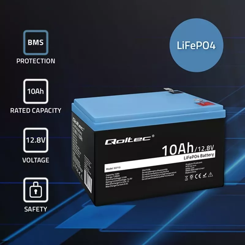 Rechargeable LiFePO4 battery QOLTEC 10Ah 12.8V 128Wh with integrated BMS
