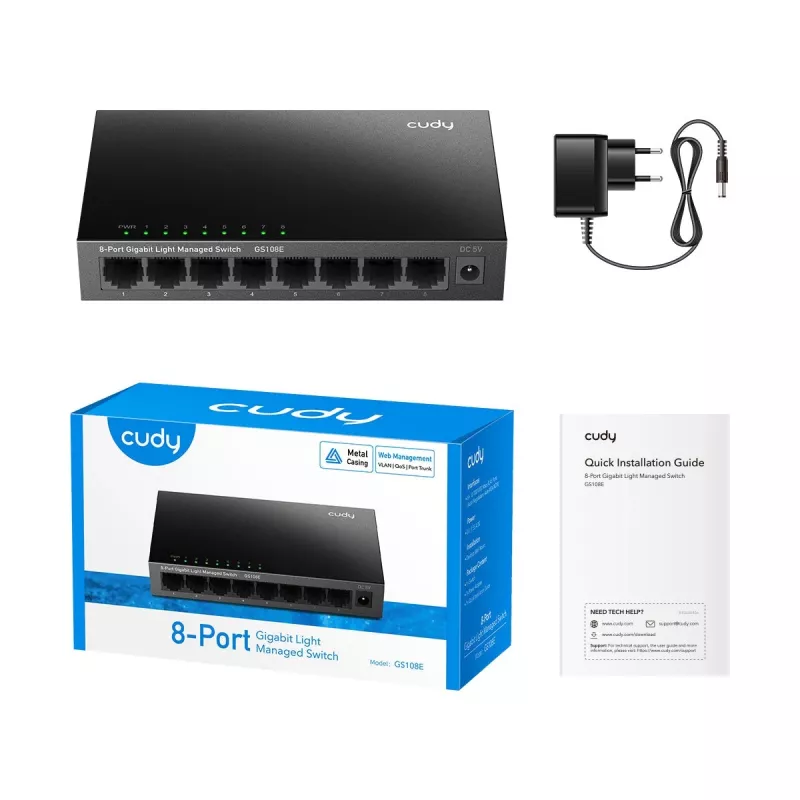 Managed switch Cudy GS108E 8-port Gigabit Ethernet, 8x 10/100/1000 Mbps, metal case, 16 Gbps switching, IGMP & DHCP snooping