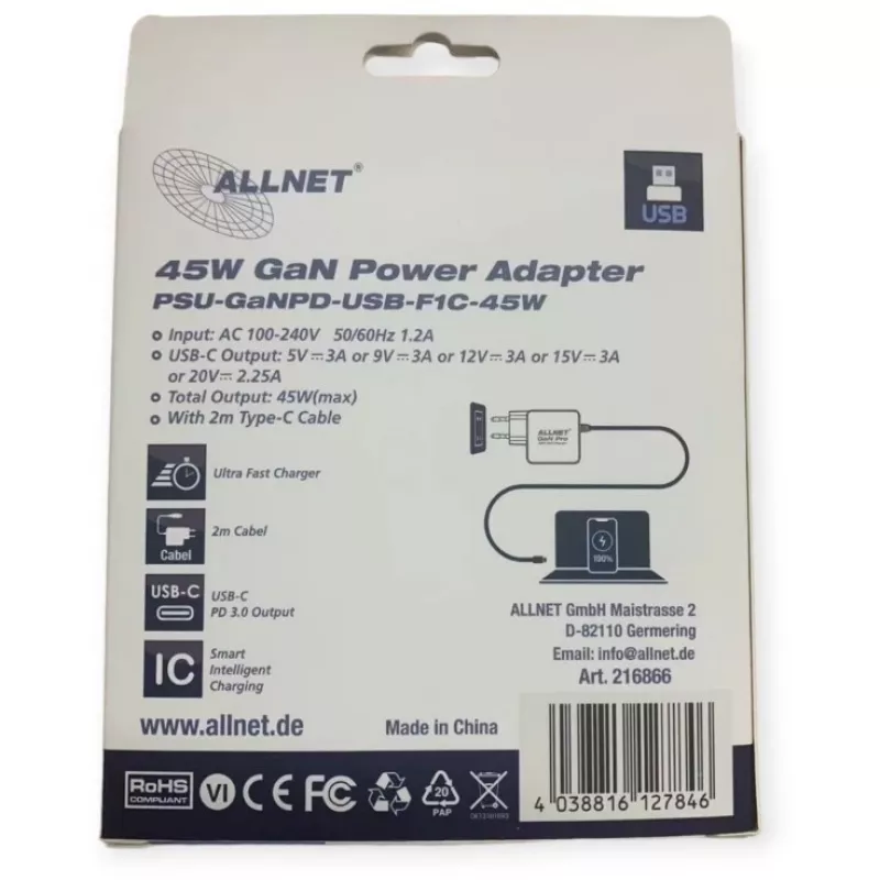 Power supply ALLNET PSU-GaNPD-USB-F1C-45W 45W USB-C PD charger with 2 m cable and EU plug