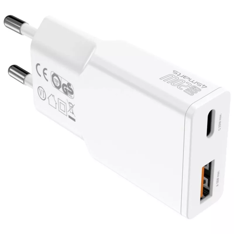 AC indoor mobile device charger 4smarts 541509 — 100–240V, USB-A + USB-C, 1.5 m cable, fast charging, white