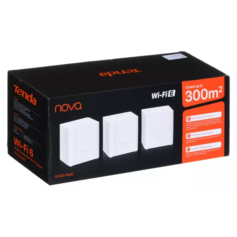 Mesh Wi‑Fi system TENDA EX3-3, 3-pack, Dual-band 2.4/5 GHz, Wi‑Fi 6, up to 1201+300 Mbps, 2 internal antennas, WPA3