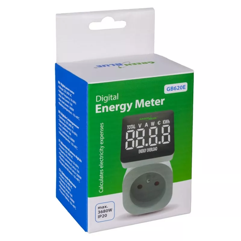 Energy wattmeter GreenBlue GB620E for mains 220V, max 16A, plug-in power/energy monitor