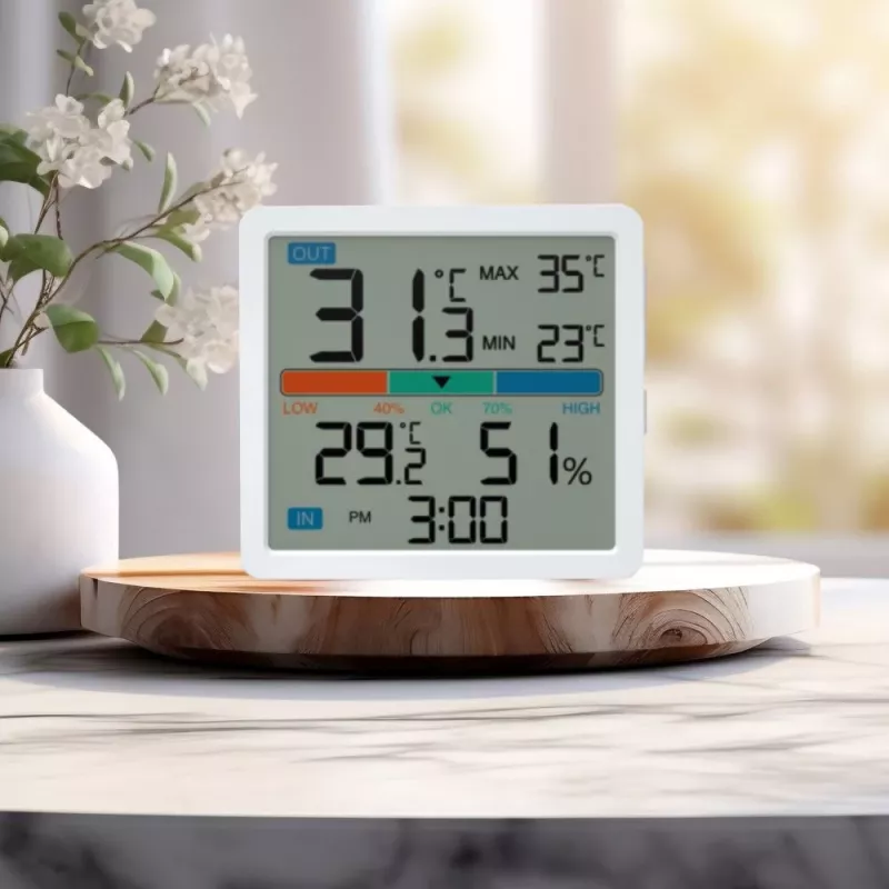 Thermometer‑Hygrometer MANTA MTO002W with external sensor (150 cm), indoor 0–+50°C, outdoor -40–+70°C, humidity 20–95% RH, comfort indicator, clock