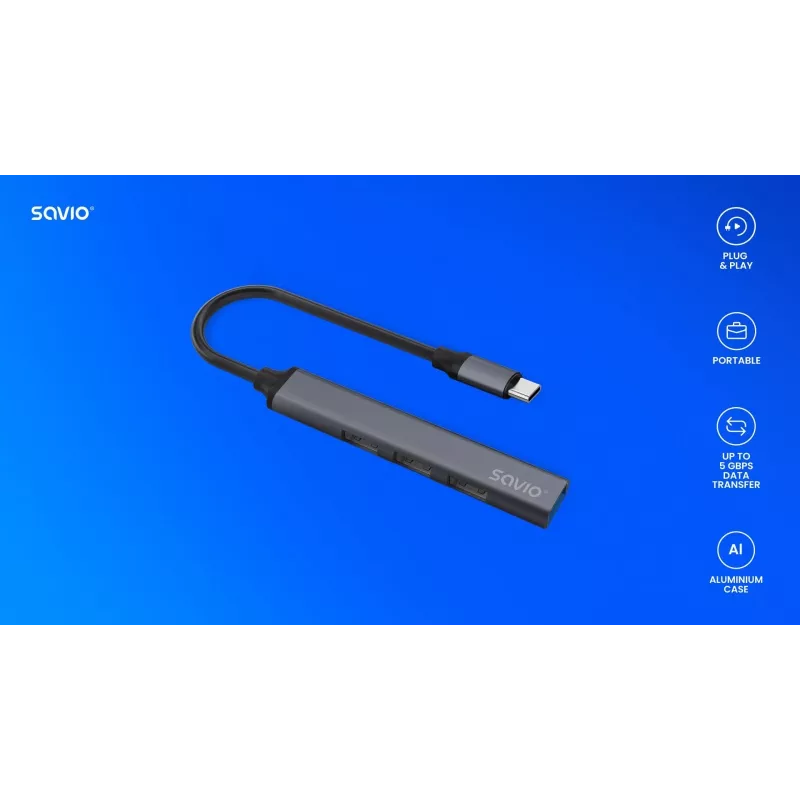 USB 3.0 4-port interface hub SAVIO AK-71 with USB-C host, 5000 Mbit/s, 2-year warranty