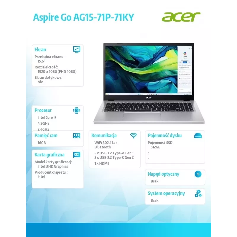 Laptop Acer Aspire 15.6 inch i7-13620H 16GB 512GB FHD W11P