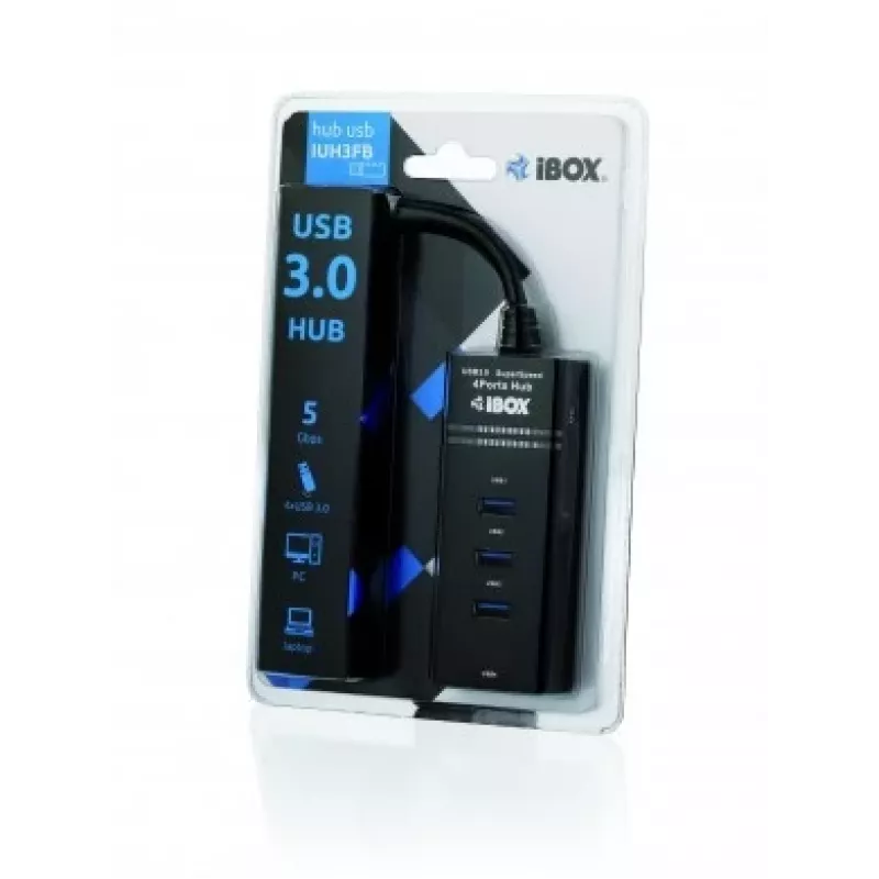 USB 3.2 Gen 1 Type-A 4-port hub IBOX IUH3FB, 5000 Mbit/s, black, 0.5 m cable