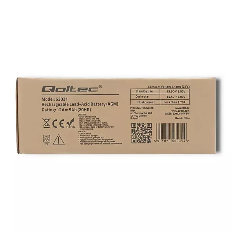 Uninterruptible Power Supply battery QOLTEC 53031 12V 9Ah green, 152×94×65 mm, 2.35 kg