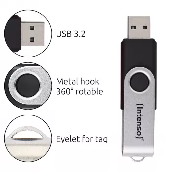Intenso USB flash drive Office Line, 64 GB, USB-A, 3.2 Gen 1x1, black-Silver, 64 GB, USB Type-A, 3.2 Gen 1 (3.1 Gen 1), swivel ring, Black, Silver