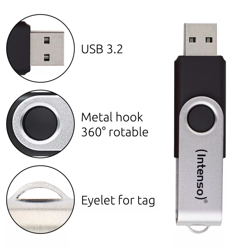 Intenso USB flash drive Office Line, 64 GB, USB-A, 3.2 Gen 1x1, black-Silver, 64 GB, USB Type-A, 3.2 Gen 1 (3.1 Gen 1), swivel ring, Black, Silver