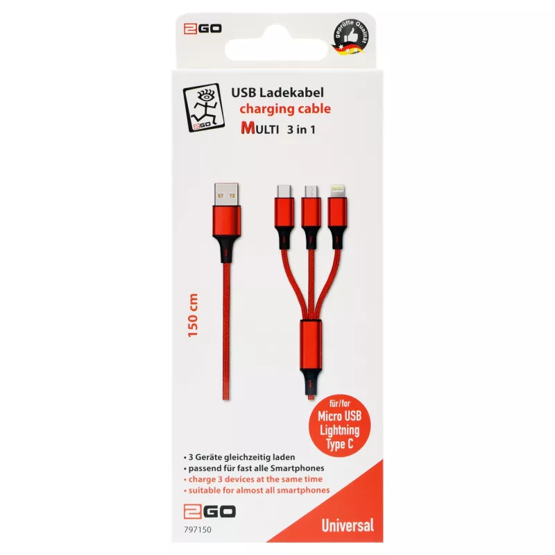 USB Cable 2GO 797150 1.5m USB B USB C/Micro-USB B/Lightning Red