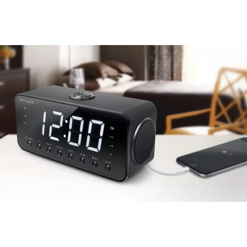 Clock radio Muse M-192 CR — digital clock, FM tuner, 1.8 inch LED display, black wood, AC 100–240V, AAA backup