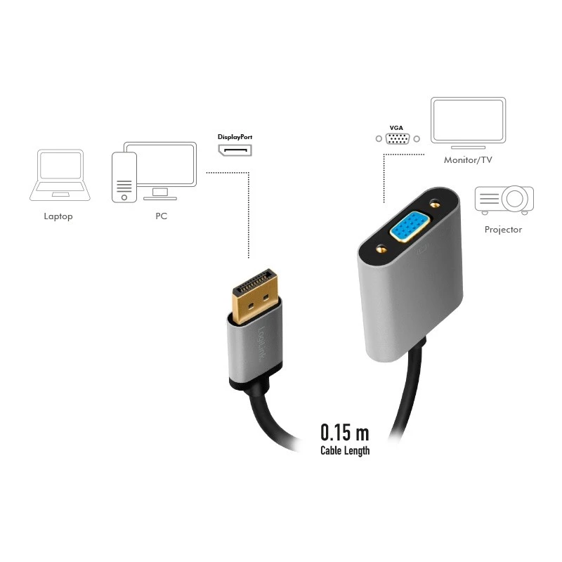 LogiLink CDA0109 Cable Gender Changer DisplayPort to VGA 0.15m Black Grey