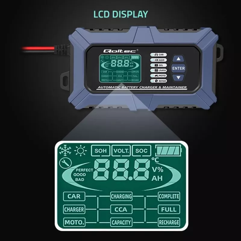 Qoltec Smart Microprocessor Battery Charger with Battery Tester and 12V Repair Function | 6A | LCD | Battery charger for AGM LiFePO4 GEL battery