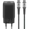 USB-C Fast Charger Nano, PD, GaN, 65 Watt, USB-C Braided Cable (black, 1x USB-A, 2x USB-C PD, Quick Charge 3.0, 1 Meter Cable)