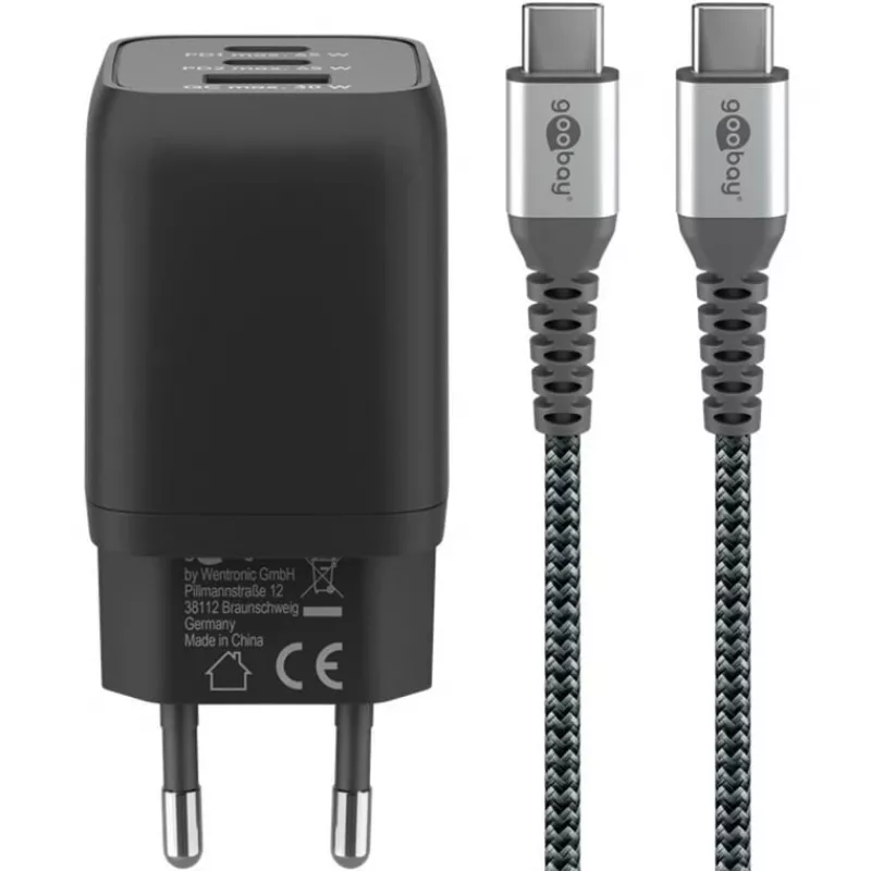 USB-C Fast Charger Nano, PD, GaN, 65 Watt, USB-C Braided Cable (black, 1x USB-A, 2x USB-C PD, Quick Charge 3.0, 1 Meter Cable)