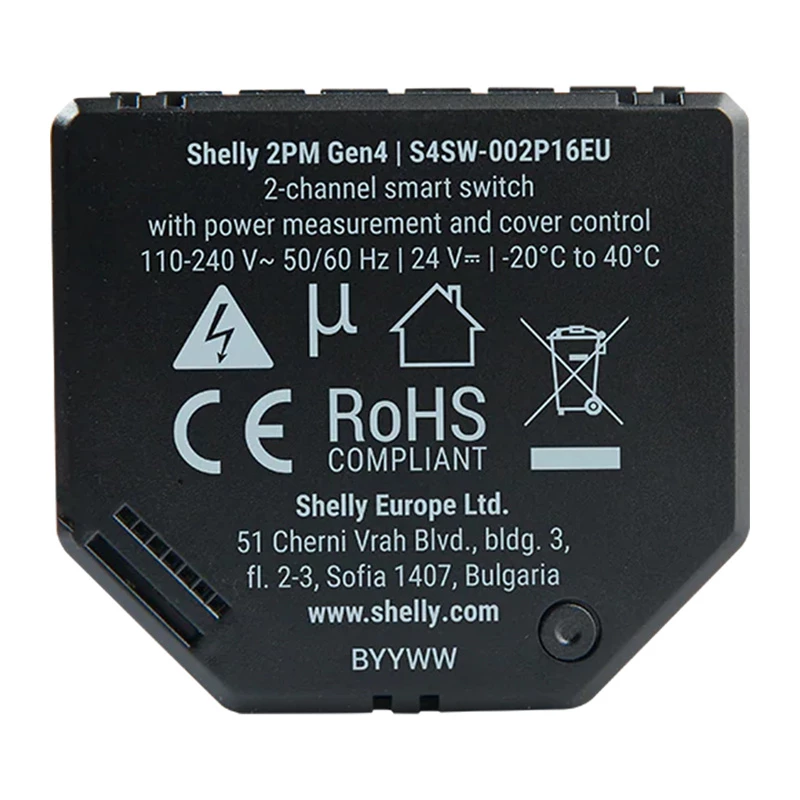 Shelly 2PM Gen4 blind/shutter actuator 2 channels, AC 110–240V, 2.4 GHz Wi‑Fi, 1.4 W, 8000 KB flash