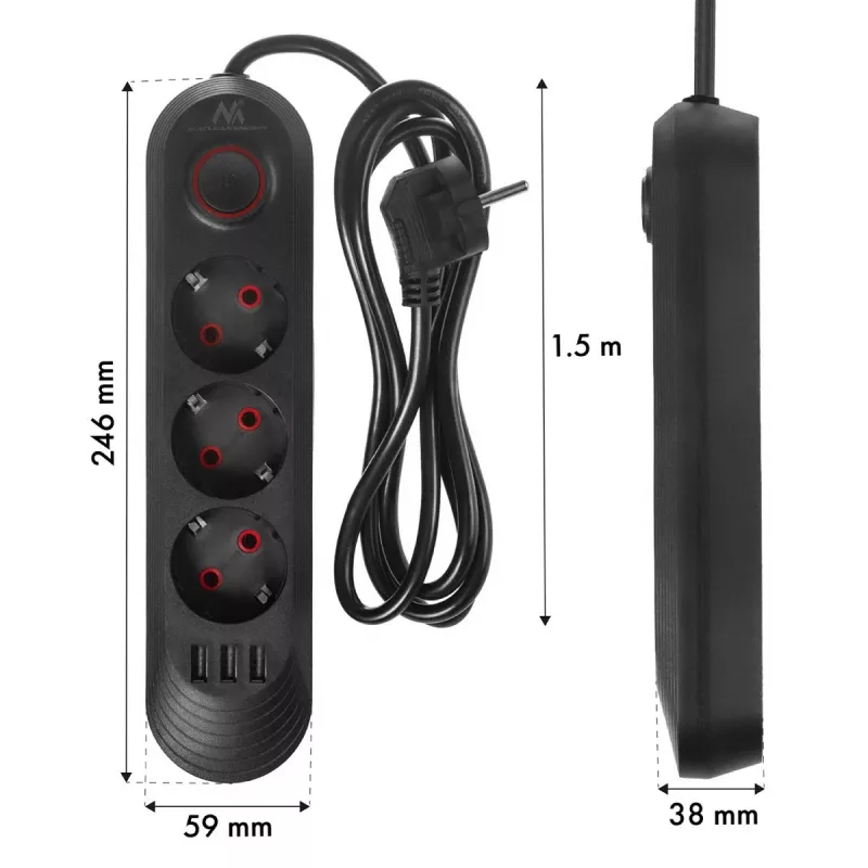 Power strip MACLEAN MCE394 B — 3 sockets + 3×USB A, 110–240V, 2.1A USB, 2500W, 1.5 m cable, black