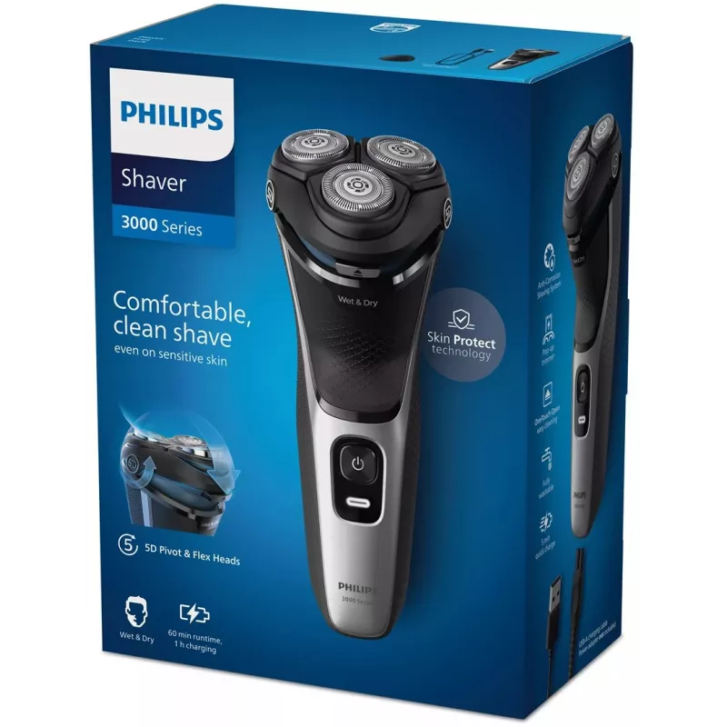 Electric shaver Philips 3000 Series S3143/00 — 3-head rotary, Wet & Dry, Li-Ion, 60 min run time