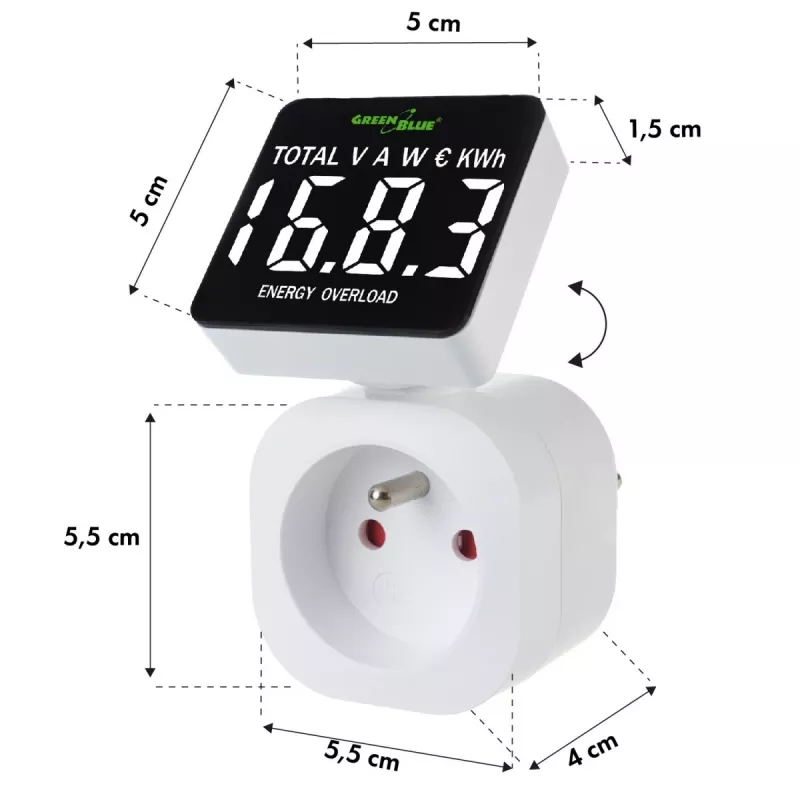 Energy wattmeter GreenBlue GB620E for mains 220V, max 16A, plug-in power/energy monitor
