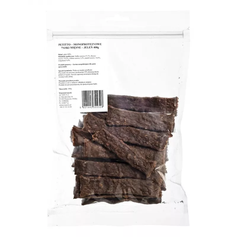 Dog treats PETITTO Monoprotein Meat Strips — Deer, hypoallergenic snack, 400 g, grain- and soy-free