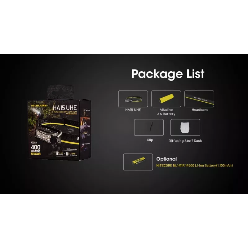 Headlamp Nitecore HA15 UHE – compact hands-free light, max 400 lumens