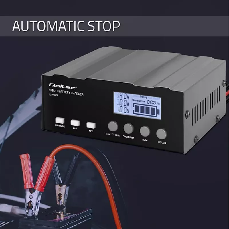 Battery charger QOLTEC 52491 microprocessor 12V/12.6V/24V with LCD