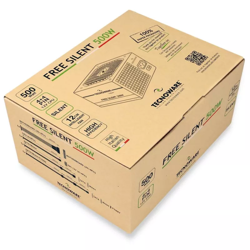 Power Supply Unit TECNOWARE Free Silent 500 W — ATX, 20+4 pin, 120 mm fan, 86% efficiency