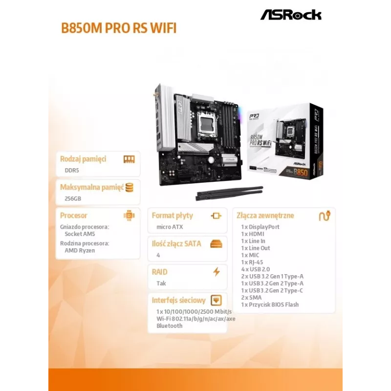 Motherboard ASRock B850M Pro RS WiFi — AMD B850, Socket AM5, microATX, DDR5, 4 DIMM, 256GB, Wi‑Fi 6E, 2.5Gb LAN, 3x M.2