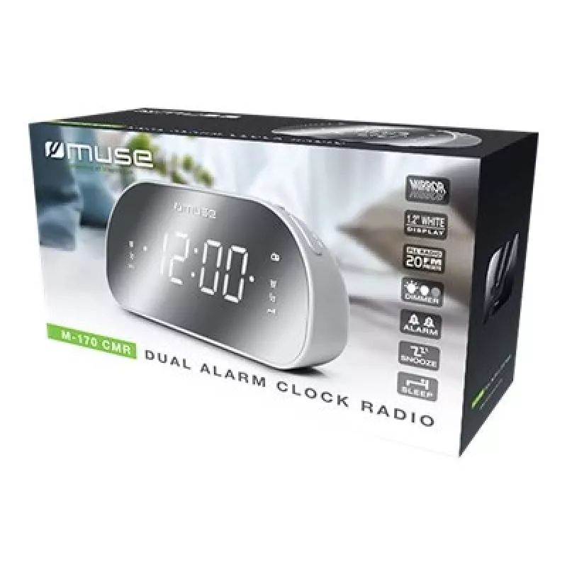 Clock radio Muse M-170CMR — digital clock radio, 1.2 inch LED display, FM, AC 230V, AAA backup, mirror/white