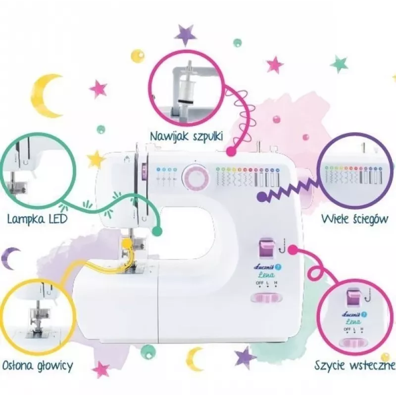 Mechanical sewing machine Lucznik Lena 2019 — basic mechanical model, 16 programs, 24 W, free arm, 4-step buttonhole