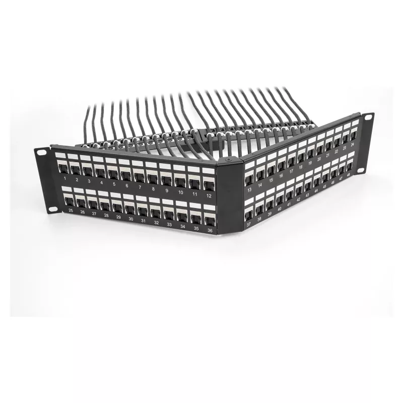 DeLOCK 19 inch Keystone Patch Panel 48 port with strain relief 2U angled black