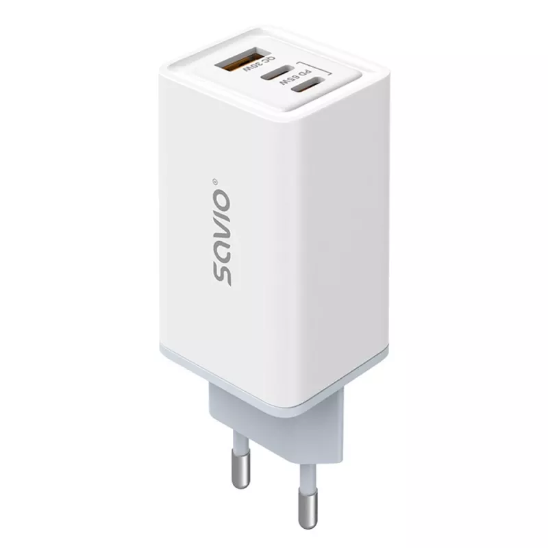 SAVIO LA-07 GaN 65W mains charger, USB, QC4.0+, PD 3.0, White