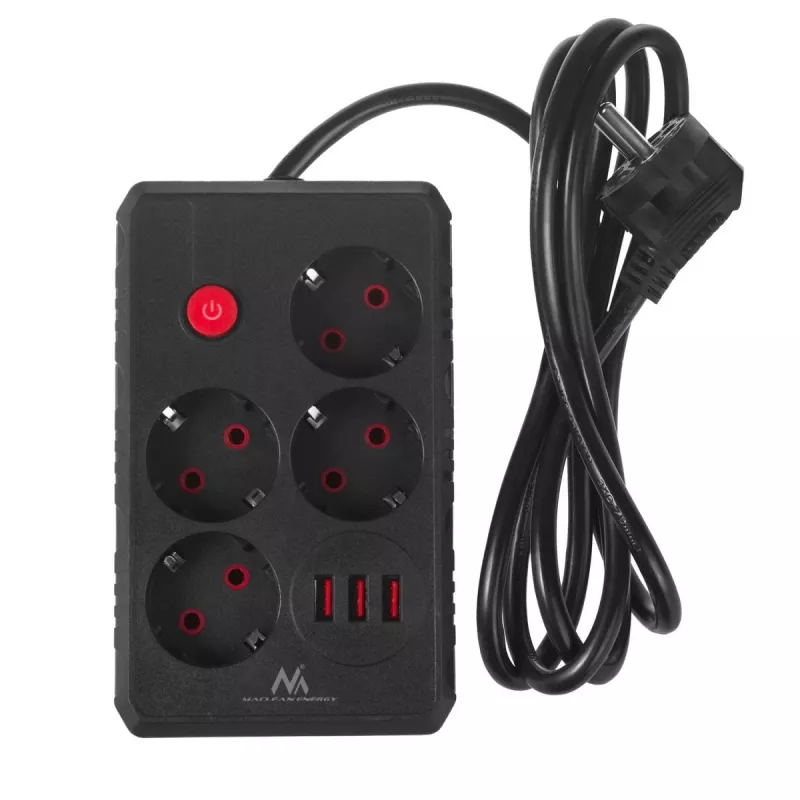 Power strip MACLEAN MCE392 B — 4 sockets, 3×USB, 110–240V, 2.1A, 2500W, 1.5 m cable, black
